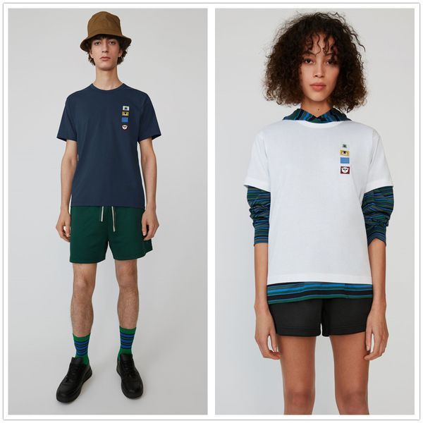 

acne studios ac новый акне животных патч вышивка улыбка лицо марка микро-воротник хлопок с коротким рукавом рубашки тройник мужчины и женщин, White;black