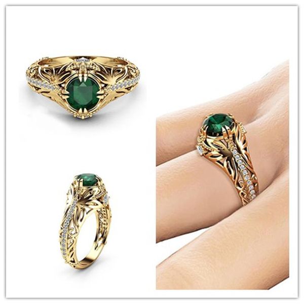 

women trendy grandmother green zircon finger ring fashion luxury temperament engagement crystal hollow out ring natural stone, Slivery;golden