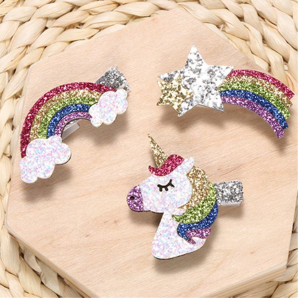 

5pcs/lot new glitter unicorn rainbow star cloud kids hair clips shinny girls hair accessories children hairpins headdress, Slivery;white