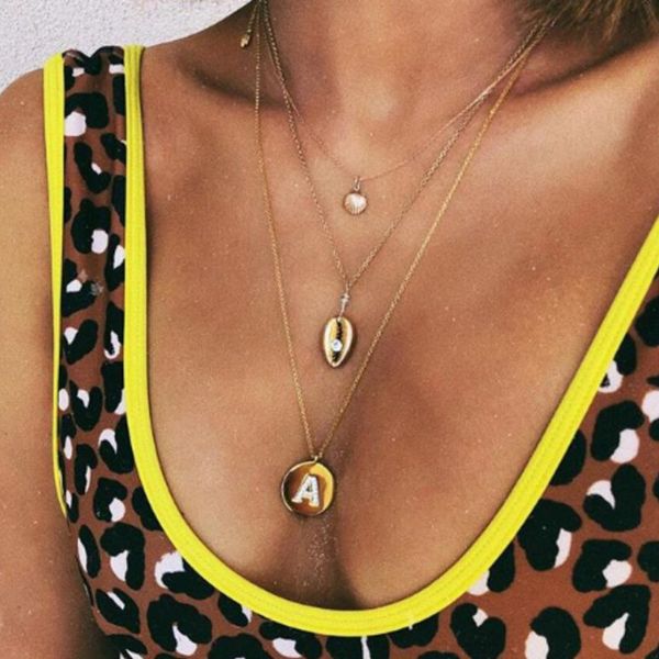 

bohemian ethnic multi layers chain rhinestone letter sea shell crystal charm pendant chain women choker necklace summer jewelry, Silver