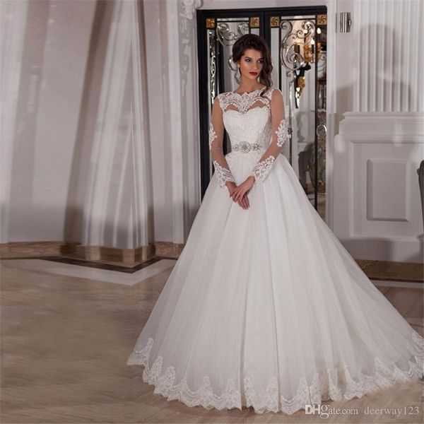 

2020 new long sleeve bateau neckline lace applique beading sash wedding dresses see through back wedding gowns robe de mariage, White