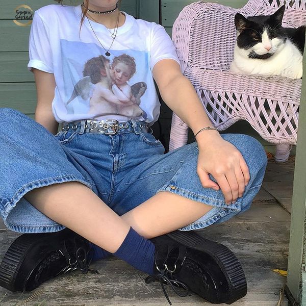 

kawaii angels painting women t shirts fashion new summer short mouwen o neck casual clothing cute tumblr tea, White