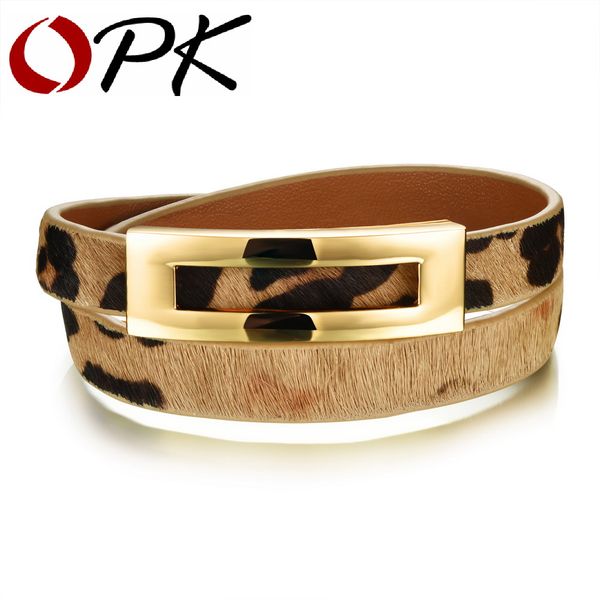 

opk woman leather wrap bracelets casual black/brown/leopard color double layer leather women sporty jewelry bracelet ph1005, Golden;silver