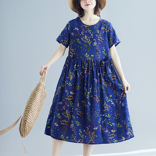 

2019 summer new style cotton linen large size dress mid-length printed literature and art dress, Red