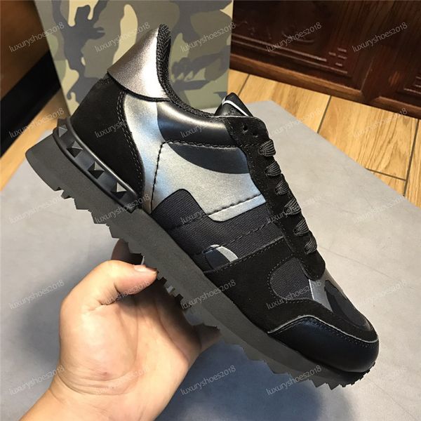 

new men women star studded casual shoes mesh leather camouflage studded shoes combo stars rockrunner metallic lace-up shoes sneakers, Black
