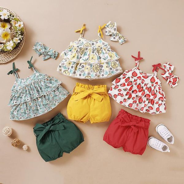 

fahion baby set summer baby girl clothes toddler girls ruffles floral strawberry print suspender +shorts outfits #2, White
