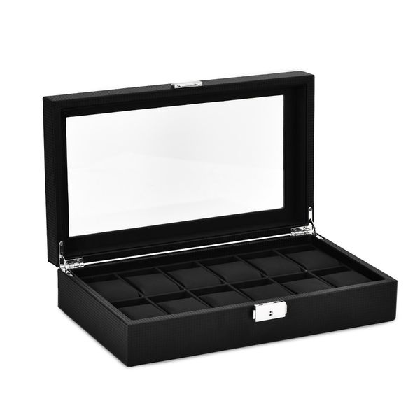 

12-Slot Watch Organizer Display Box Carbon Fiber Leather Jewelry Storage Organizer Case With Lock And Glass Cover