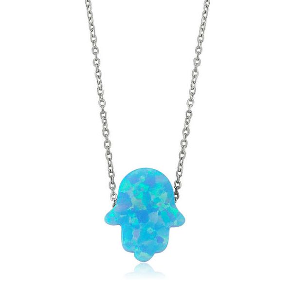 

925 sterling silver blue opal fatma hand lady necklace