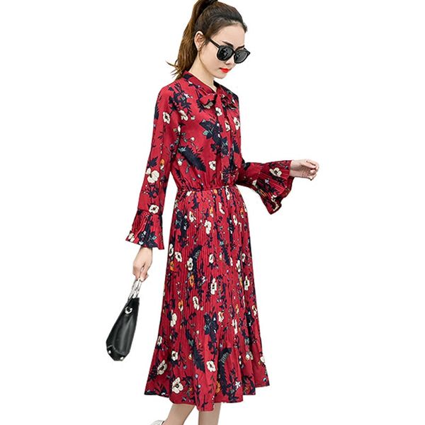

vintage floral chiffon women dress long sleeve vestidos mujer elegant maxi shirt dress autumn long lady pleated dresses c3529, Black;gray