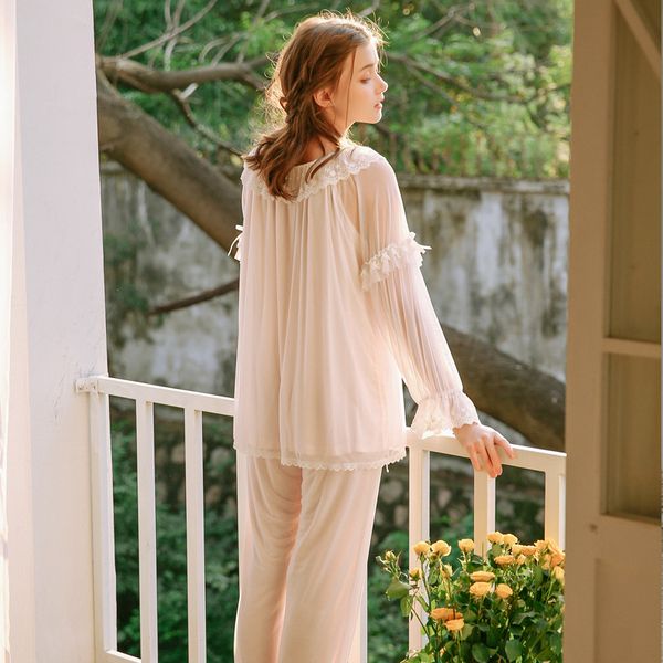 

spring retro court suit female princess long sleeve pajamas women home clothes pajama set pink pijama mujer solid pyjamas, Blue;gray