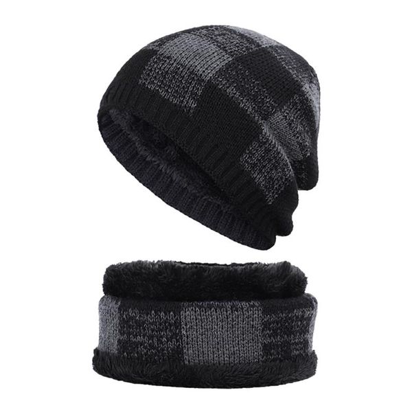 

plaid knitted hat scarf set men winter warm beanie hat ring scarf set windproof plus velvet two-pieces earmuff cap with, Blue;gray