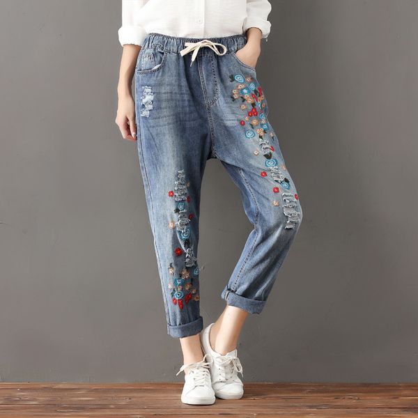 

boyfriend jeans for women casual harem pants denim floral embroidery jeans high waist plus size mom ladies denim pants q94, Blue