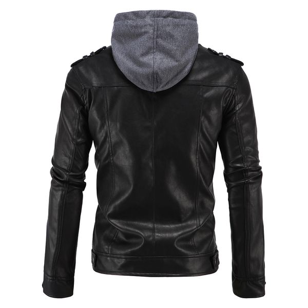 

2019 fashion europe and america elegant men's wear carrie leather coat simple locomotive hooded leather coat ultra-large size xd, Black