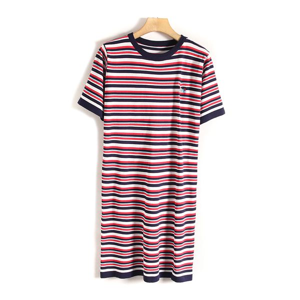 

crew neck polyester loose-fitting striped t-shirt dress one-piece shift dress casual dress, Black;gray