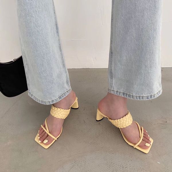 

elegant women slippers fashion clip toe slip on shallow pumps thick high heels sandals slides shoes woman dress slippers size 39, Black