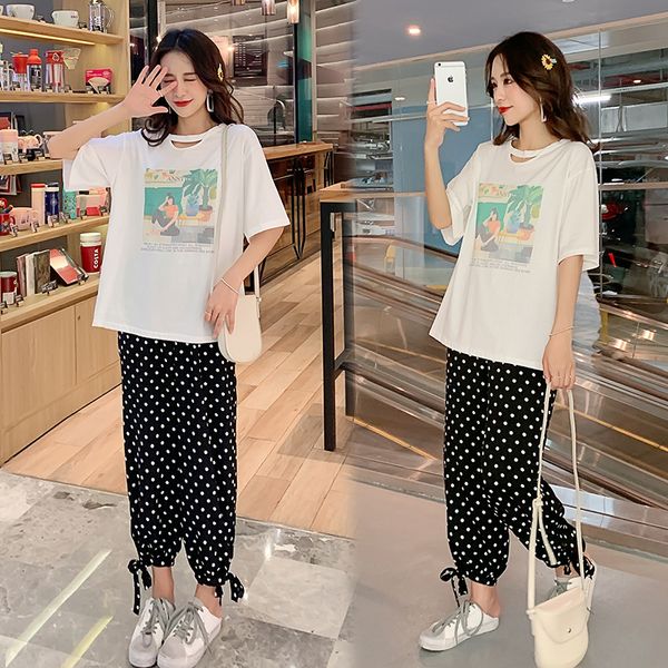 

pregnant woman clothes set fashion printed cotton tees+polka dot chiffon trousers twinset maternity casual pants casual suits, White