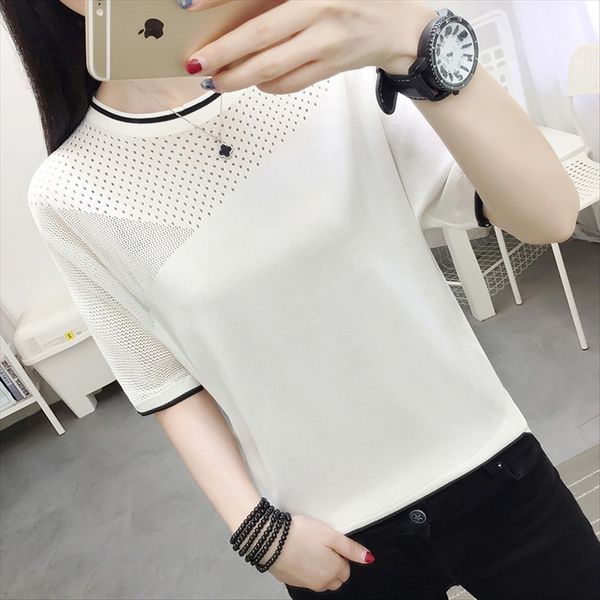 

ins super western style short-sleeved t- women's summer clothes 2020 hollowed-out ice t- shirt silk knitted shirt women's thin top, White