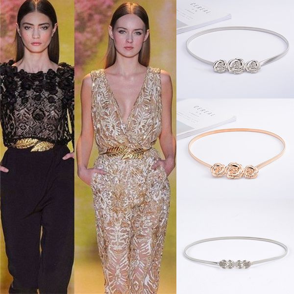 

womens elastic metal waist belts leaf design clasp front stretch belt skinny femme gold silver fashion belt, Black;brown