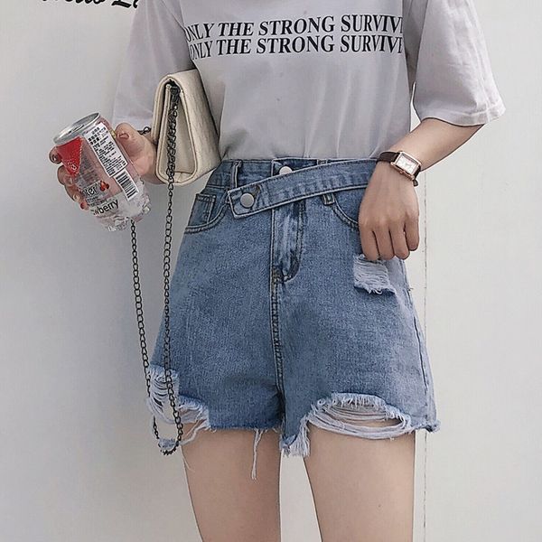 

summer korean fashion women ripped shorts vintage loose high waist denim wide leg shorts femme casual hole mini jeans short, White;black