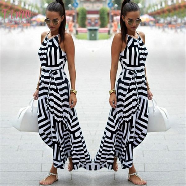 

women summer dress boho striped sleeveless maxi long dress beach style strap sundress vestidos for female nq987428, Black;gray