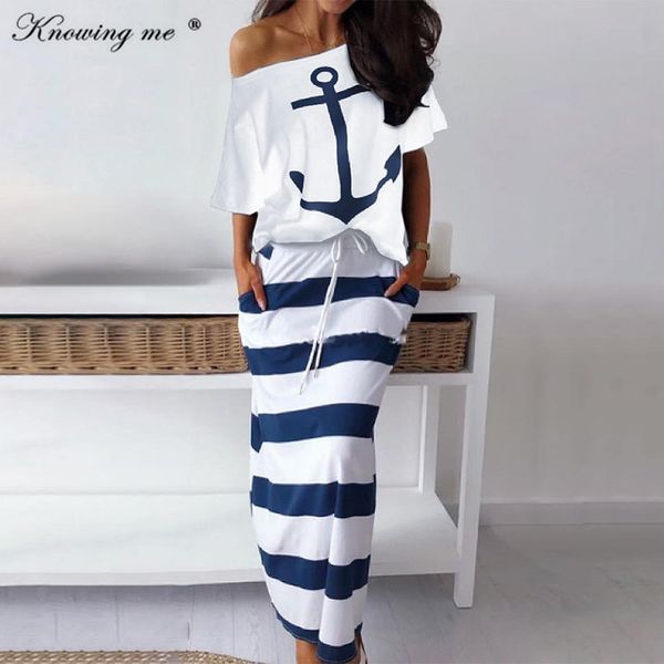 

knowing me women two piece set dress hope boat anchor print shirts striped ankle-length dress off shoulder sets dress, Black;gray