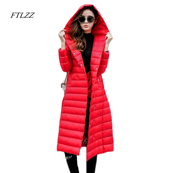 

ftlzz winter women hooded down jacket medium long slim ultra light down jackets solid color big plus size duck parkas, Black