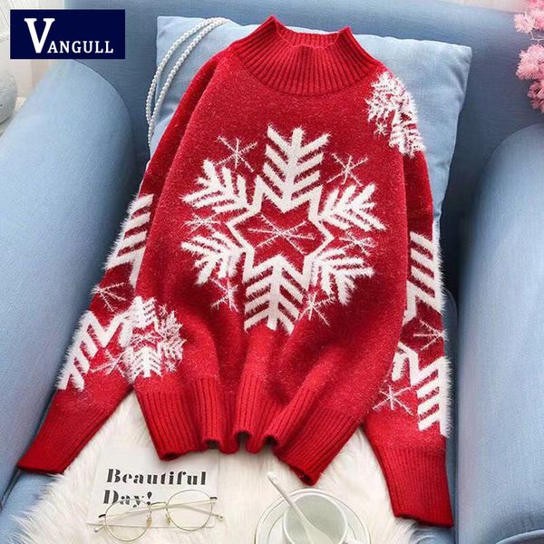 

vangull red christmas sweaters snowflake xmas patterned half-turtleneck knitted pullover women long sleeve winter warm jumper, White;black