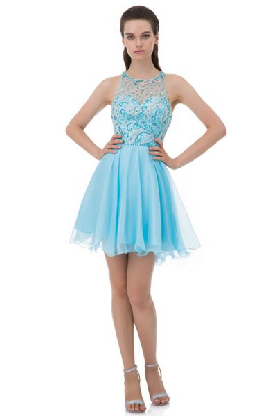 

halter junior 8th grade cocktail party dresses short prom vestidos de fiesta a-line mini chiffon crystal beads sleeveless homecoming dresses