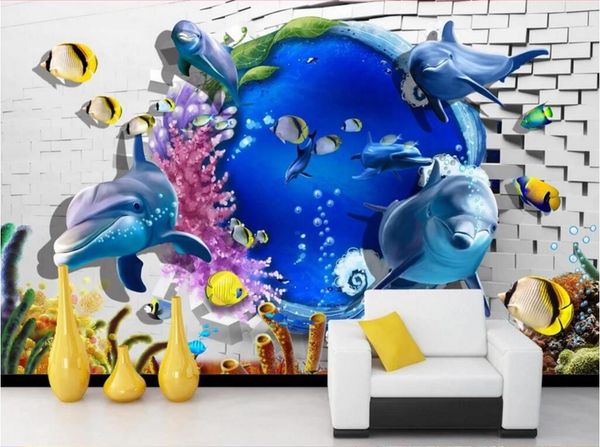 

wdbh custom p 3d wall paper sea world dolphin brick wall tv background living room home decor 3d wall murals wallpaper for walls 3 d
