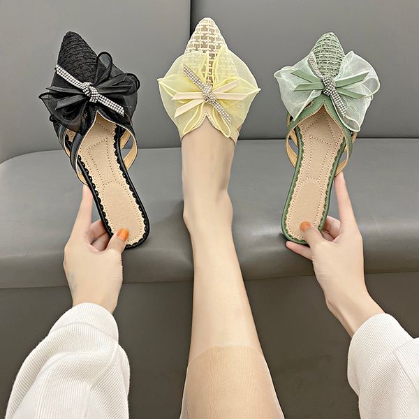 

flat shoes female cover toe butterfly-knot low mules for women 2020 ladies' slippers slides loafers pantofle pointed, Black