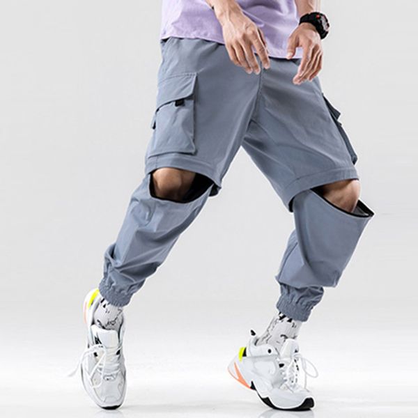 

pants men splicing disassemblable pants and two-piece overall pant streetwear pantalones hombre joggers sweatpants cargo, Black