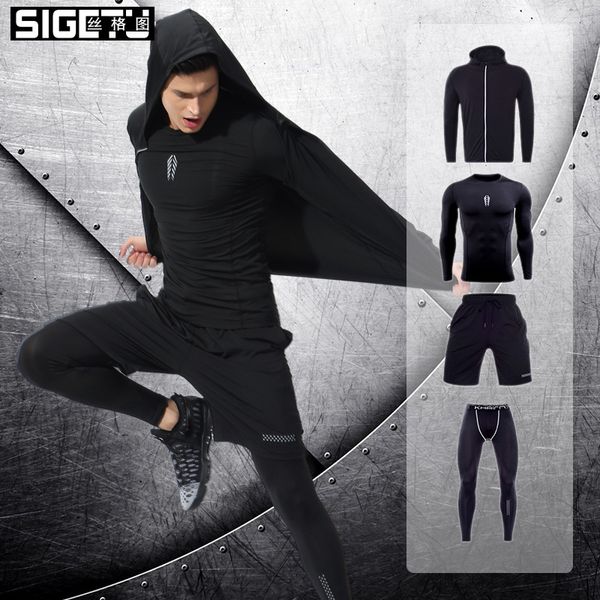 

new men's sports suit tight-fitting quick-drying fitness clothes elastic compression t-shirt jacket running sportswear, Black;blue