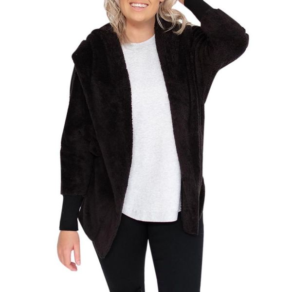 

women wool coat casual open stitch warm soft long sleeve hooded blends female plush overcoat loose winter outerwear t6, Black