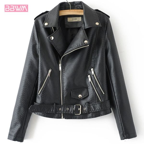 

serpentine pu leather lapel zippered waistband long sleeves slim women's jacket 2019 autumn new locomotive black female jacket, Black;brown