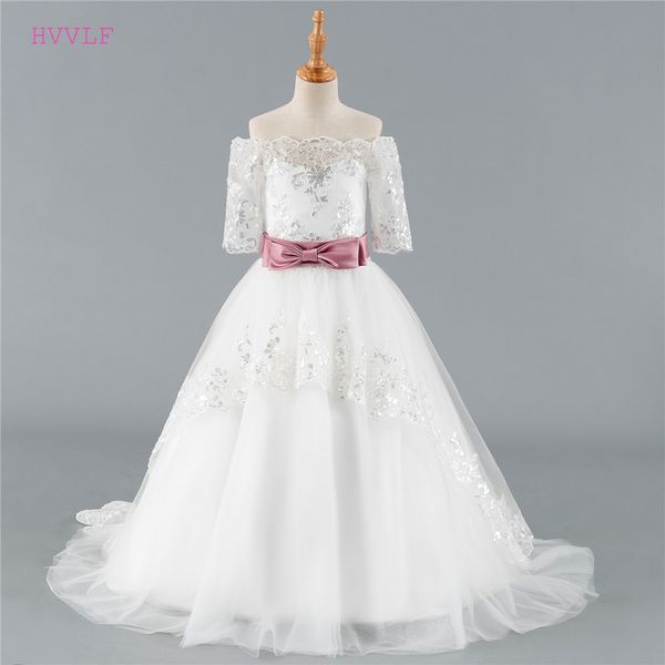 

ivory 2019 flower girl dresses for weddings ball gown half sleeves tulle lace bow long first communion dresses for little girls, Red;yellow
