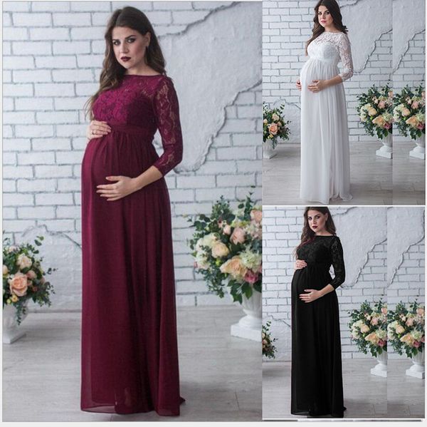 2019 nuovi vestiti per le donne incinte solido pizzo a maniche lunghe abito di maternità incinta abiti lunghi fino al pavimento C6544