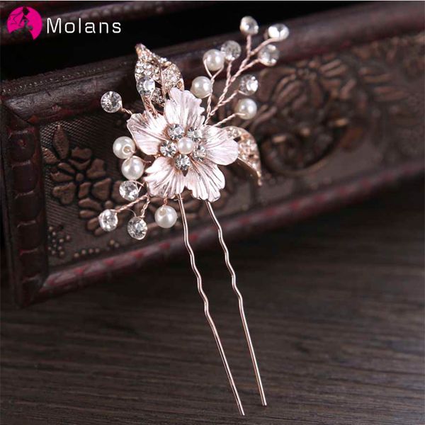 

molans ancient pearl floral diamond hairpins for women hand-knitted twisted alloy leaf inlaid drill wedding hair accessories