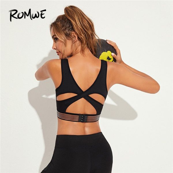 

romwe sporty contrast panel criss cross back black sport bras women gym workout yoga jogger for women fitness crop, White;black
