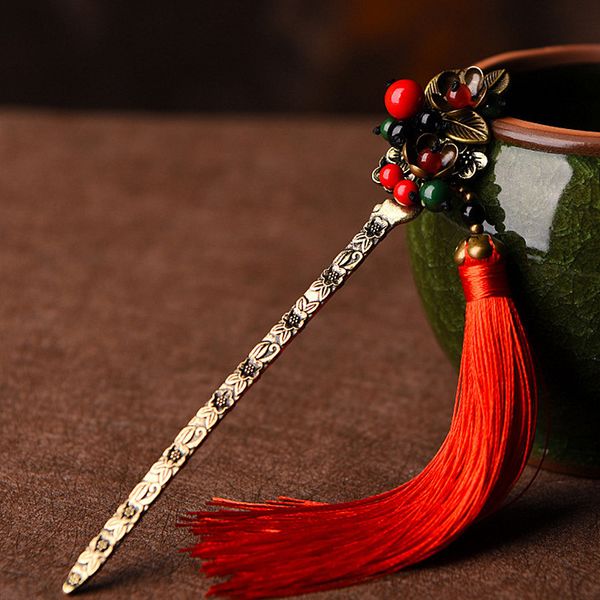 

super long tassel hairpins for women ancient copper alloy flower hair sticks bridal hair jewelry colorful stones, White;golden