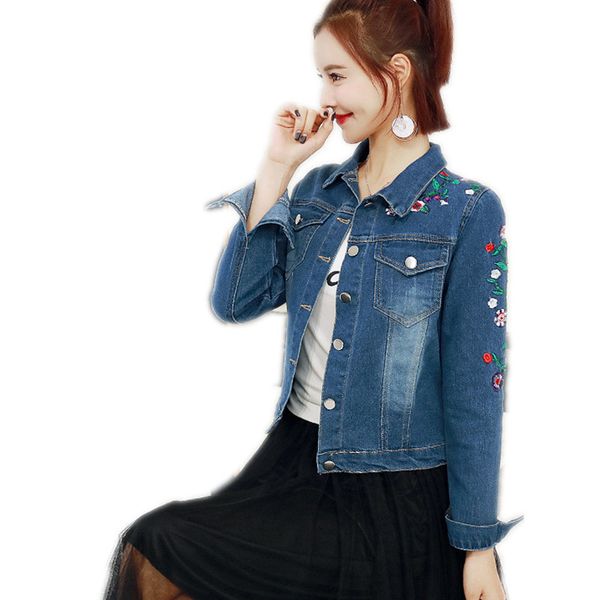 

2019 new arrival fashion embroidery spring denim jacket female turn-down collar long sleeve button slim denim coats mujer cq2911, Black;brown