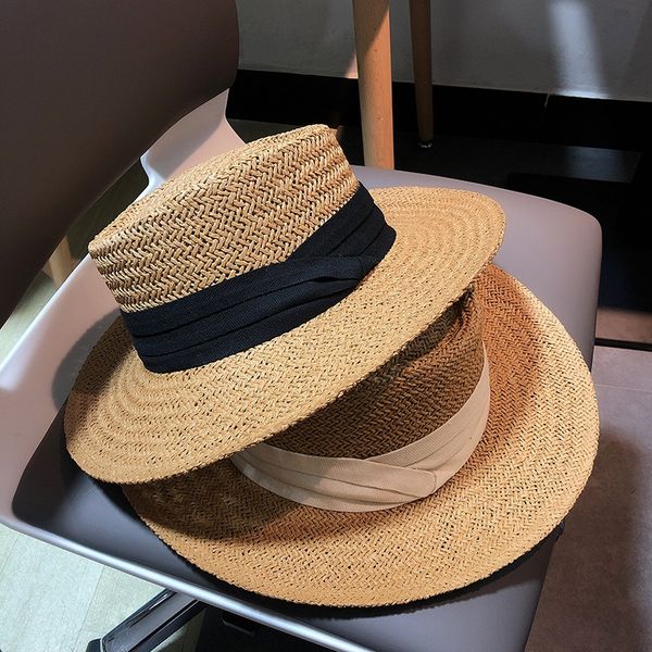 

summer children's flat wide eaves straw seaside holiday sunscreen beach small straw hat hat male, Blue;gray