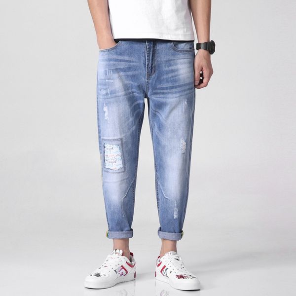 

men's jeans fashion mens loose mid rise harem pants denim wash hip hop style, Blue