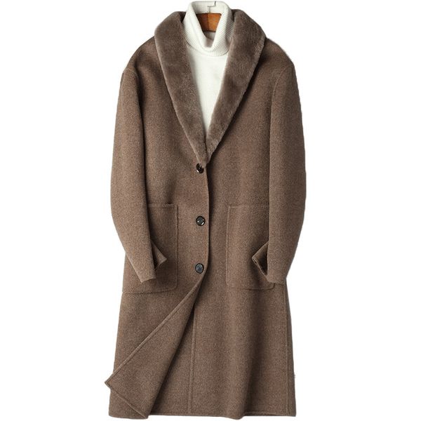 

100% wool coat autumn winter jacket men lamb fur collar double-faced woolen coats duck down liner windbreaker my1291, Black