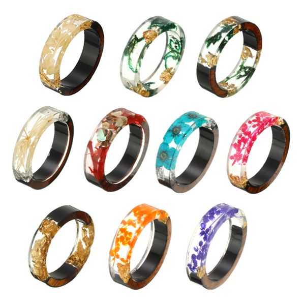 

new design handmade wood resin ring vintage colorful dried flower epoxy rings women novelty jewelry gift, Golden;silver
