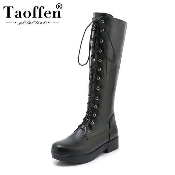 

taoffen 2020 women solid colors cross strap knight boots low heel roman style shoes woman winter warm boots footwear size 33-43, Black