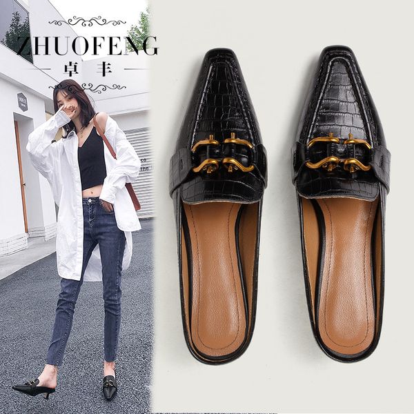 

retro small square head baotou half slippers female summer wear net red high heel lazy joker comfortable high heels, Black