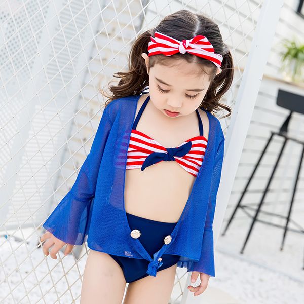 

girl three piece suit bikini cute striped sailor child bikini swimsuit high waisted bathing suit for kids baby girls biquini