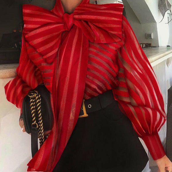 

fashion women see through shirts sheer mesh striped blouse puff sleeve shirt elegant bow female blusas work baggy tunic, White