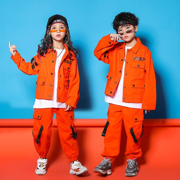 

children stage performance clothing jazz hip hop dance costumes for kids boys girls orange long sleeve hiphop streetwear, Black;red