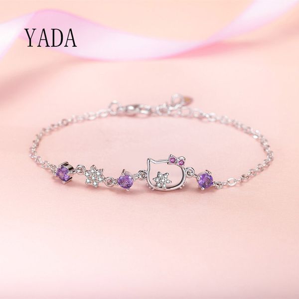 

yada gifts s925 trendy cuff cat bracelets&bangles for women cat head bracelets charm friendship crystal chain bracelet bt200130, Golden;silver